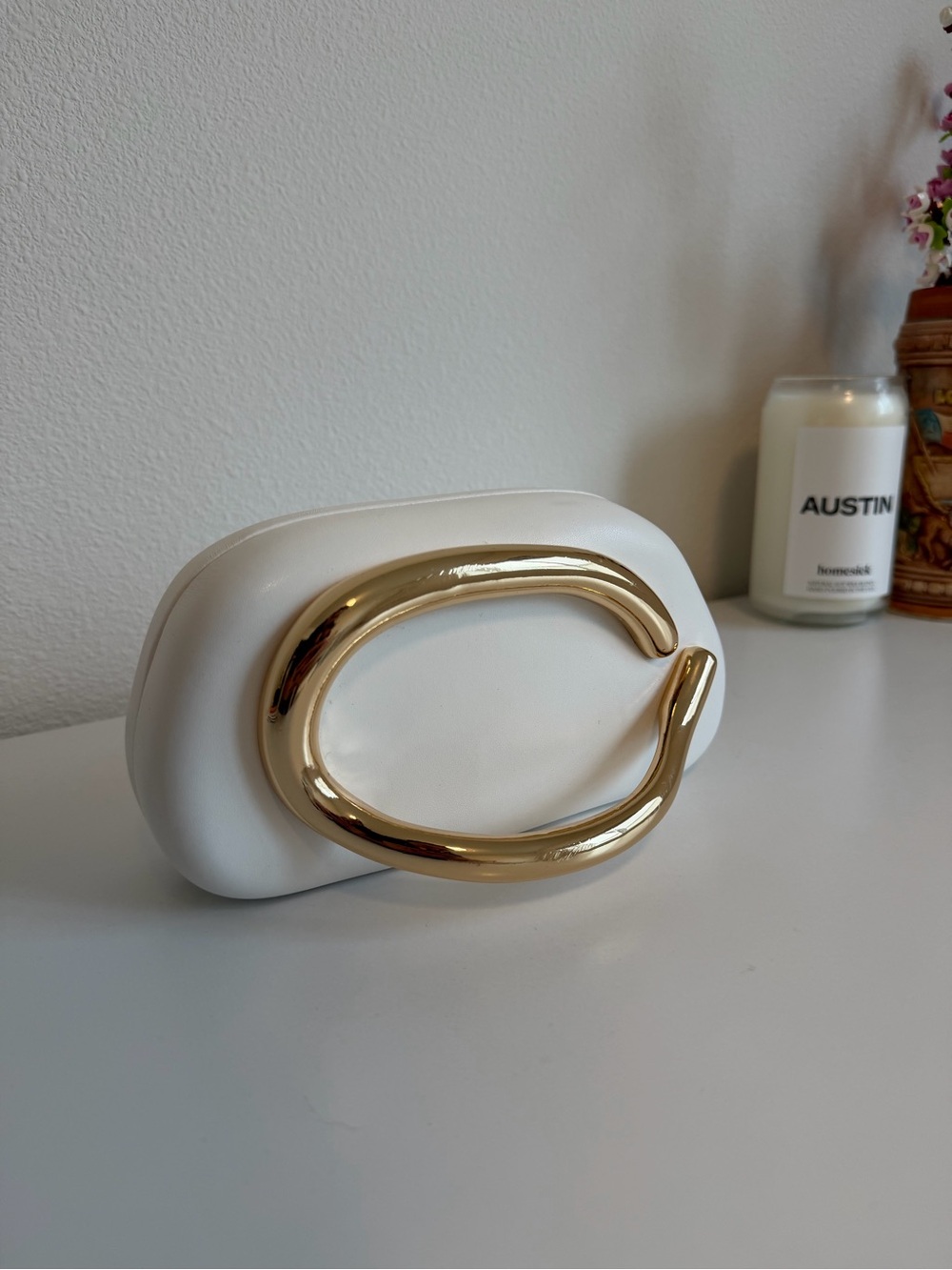 White Clutch with Gold Accent Handle- perfect for brides.